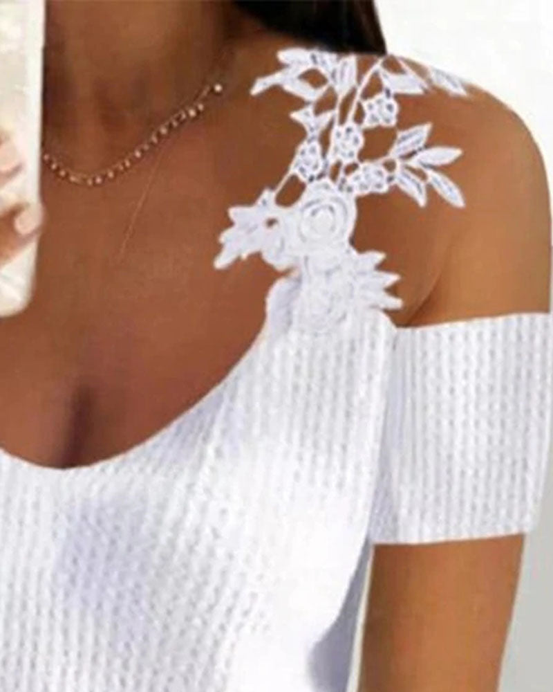 Contrast Lace Cold Shoulder Top