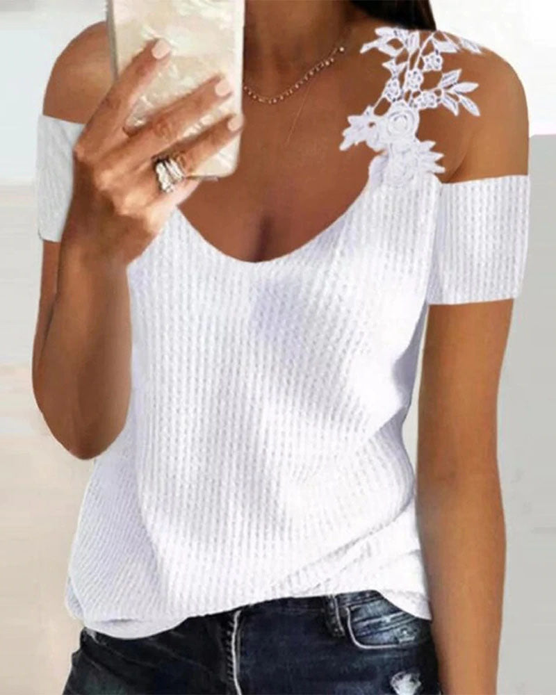 Contrast Lace Cold Shoulder Top