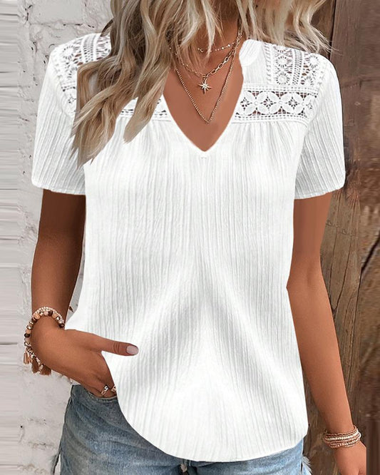 Lace Patch Short Sleeve Textured Top