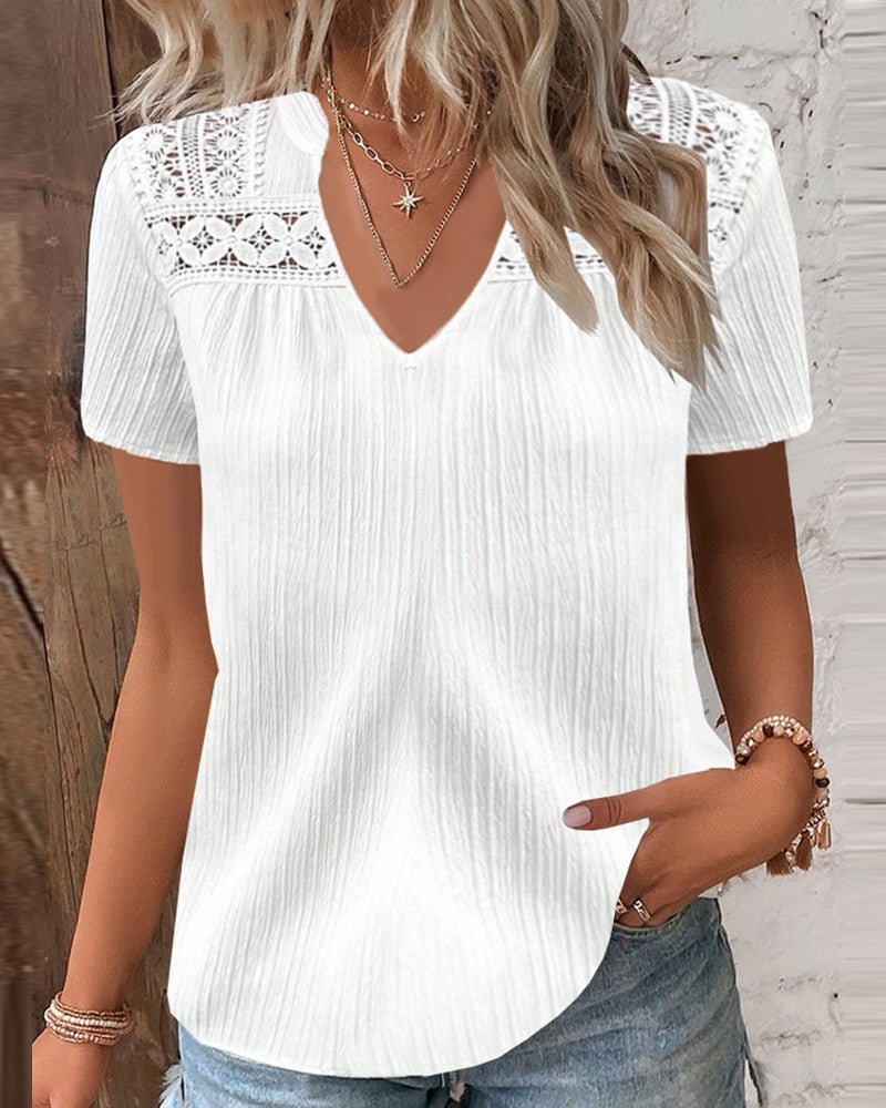 Lace Patch Short Sleeve Textured Top