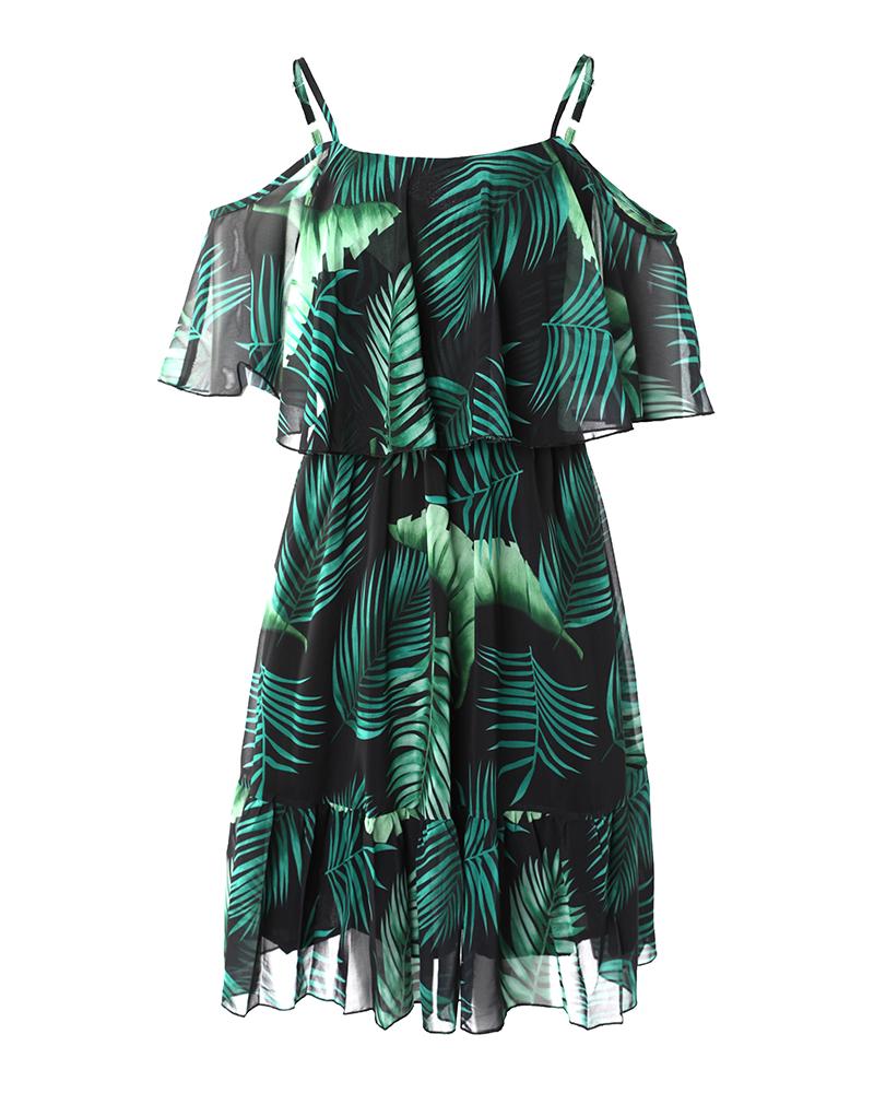 Tropical Print Cold Shoulder Ruffle Hem Casual Dress