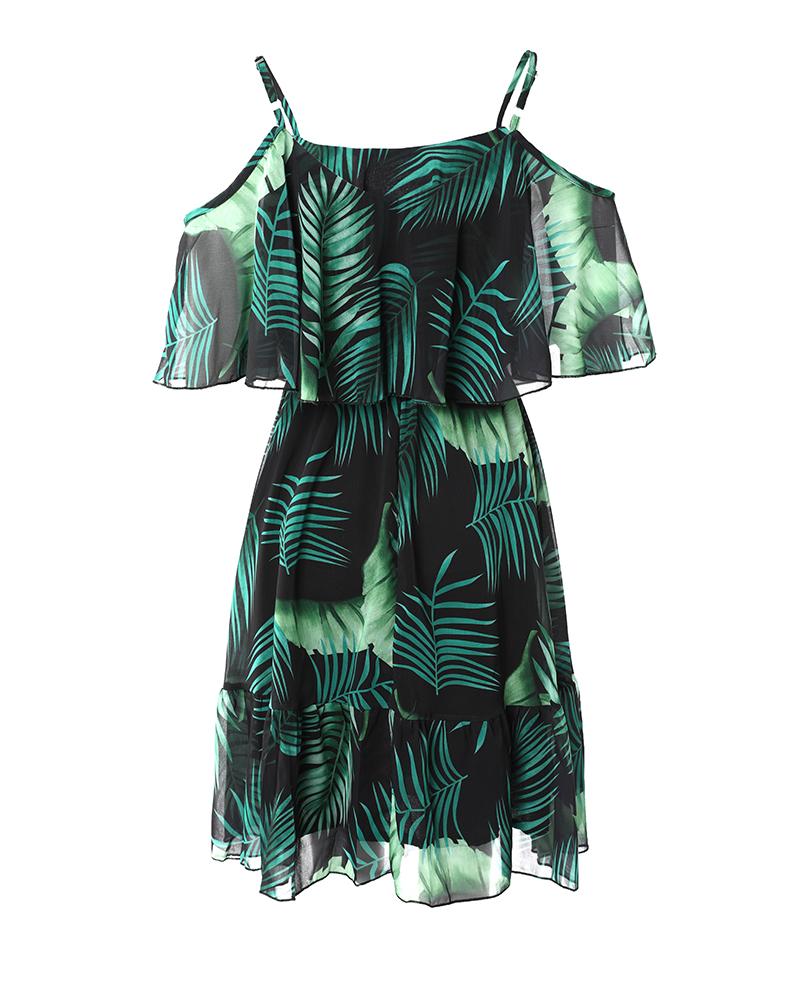 Tropical Print Cold Shoulder Ruffle Hem Casual Dress