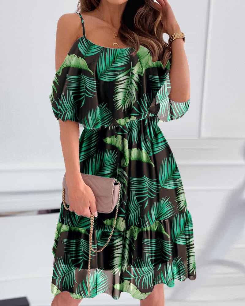 Tropical Print Cold Shoulder Ruffle Hem Casual Dress