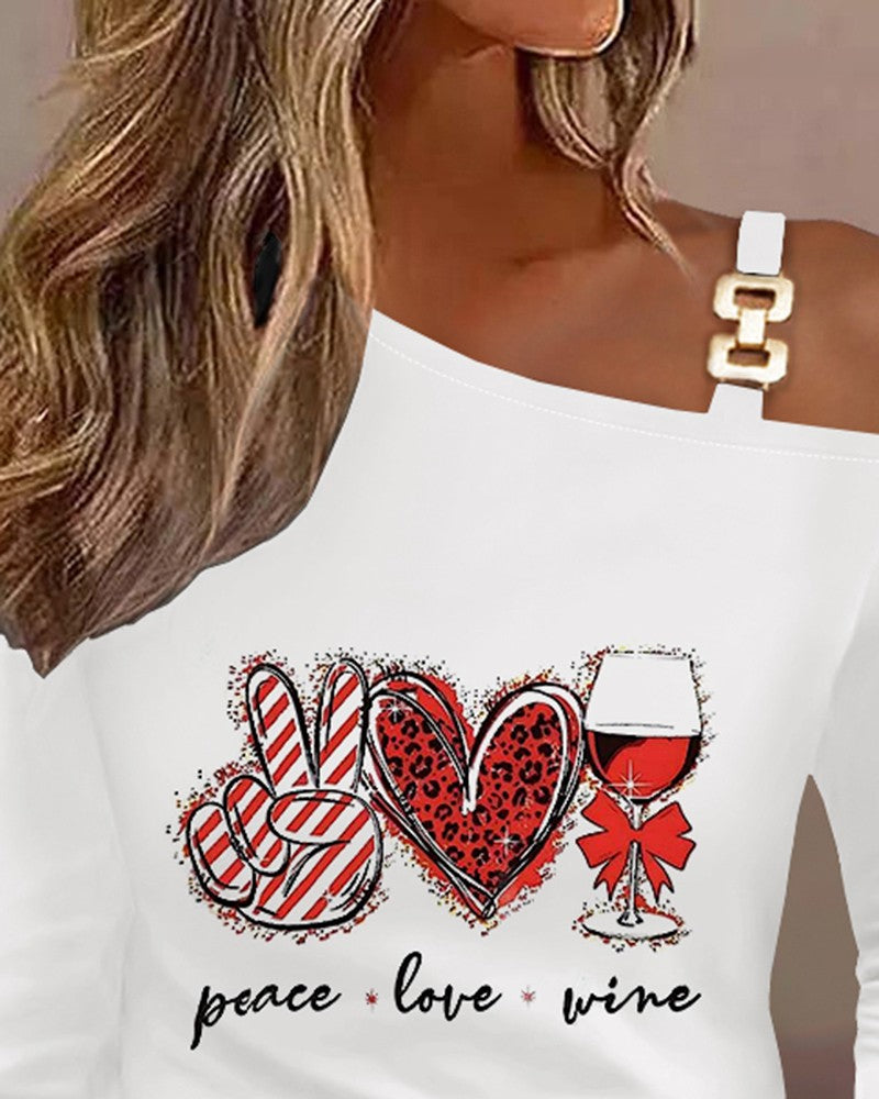 Graphic Leopard Heart Peace Love Wine Slogan Print Striped Top