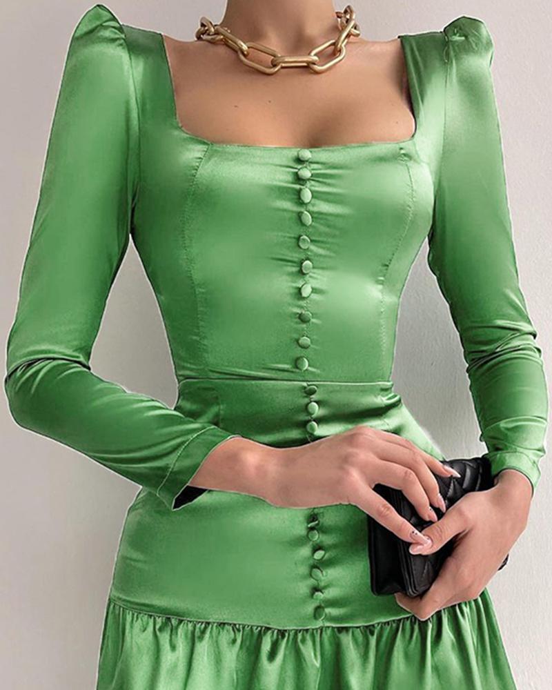 Puff Sleeve Button Decor Ruffles Casual Dress