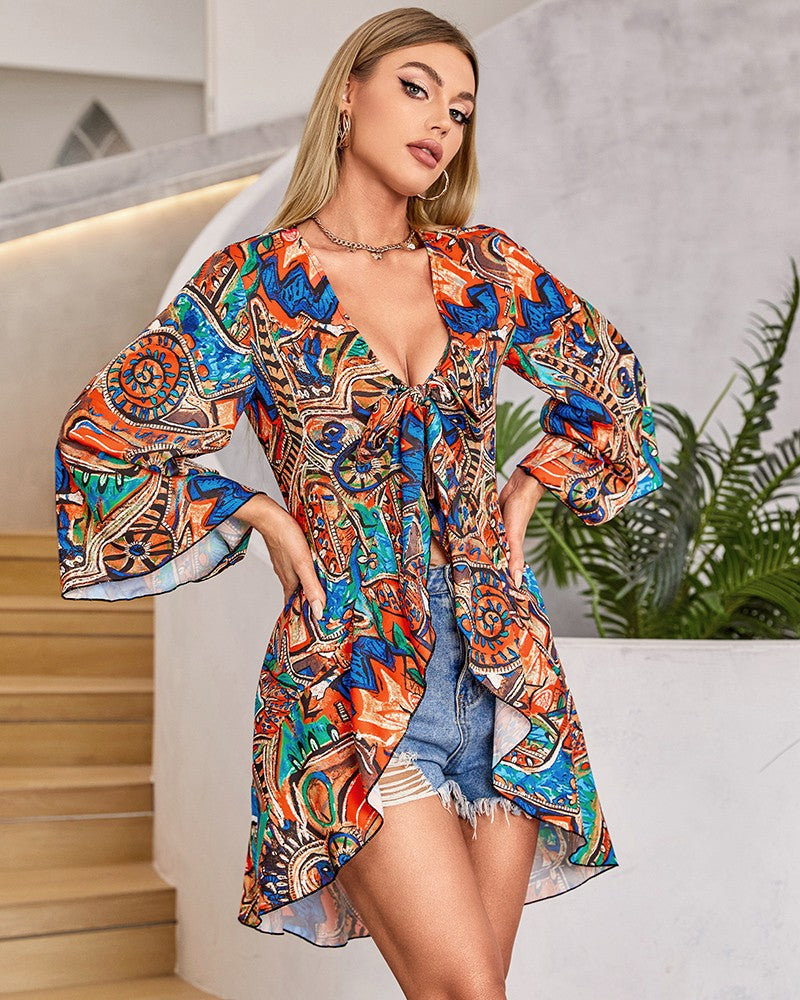 Tribal Print High Low Hem Bell Sleeve Top