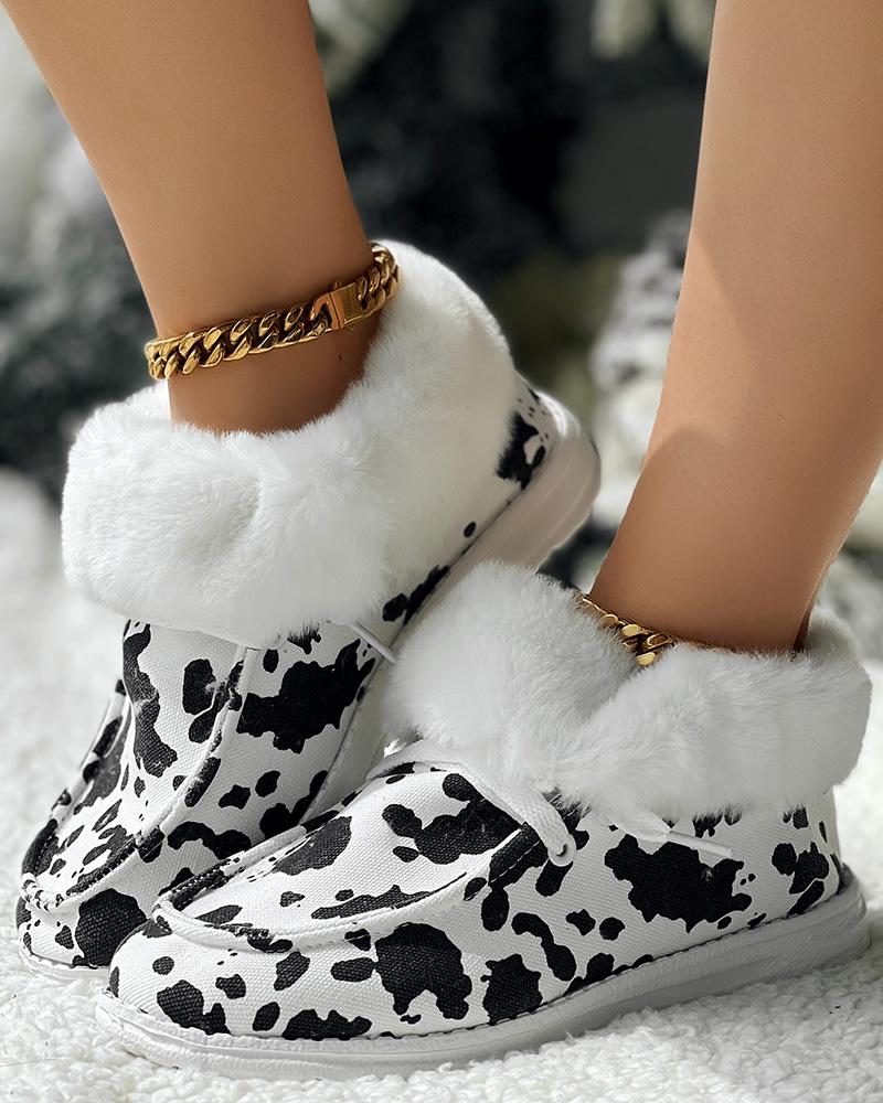 Halloween Cow Print Fuzzy Lined Ankle Boots
