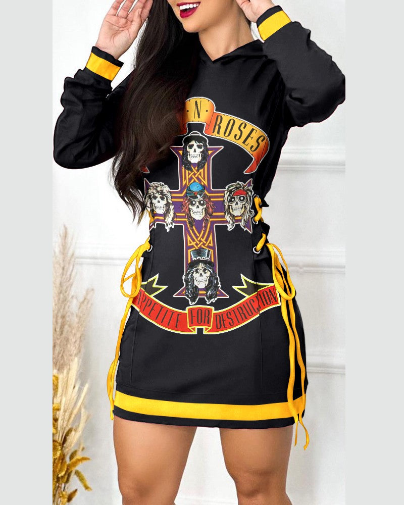 Halloween Skull Letter Cross Graphic Print Lace up Casual Dress