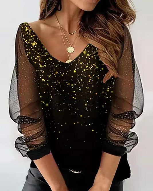 Contrast Mesh Long Sleeve Print Top