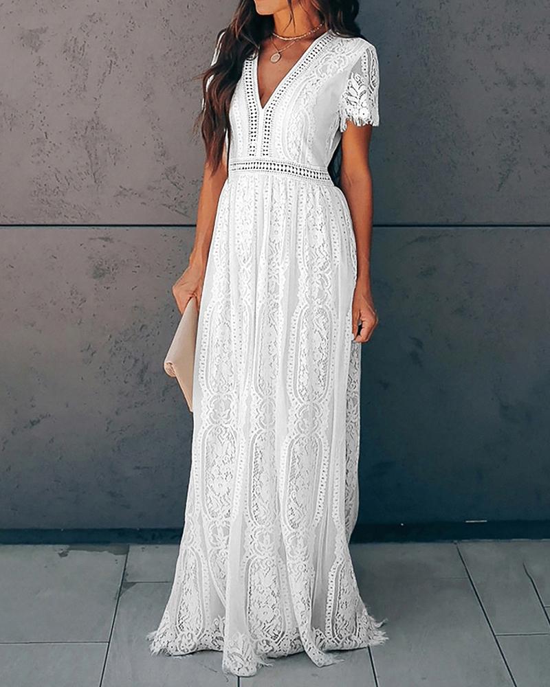 V Neck Eyelash Crochet Lace Maxi Dress