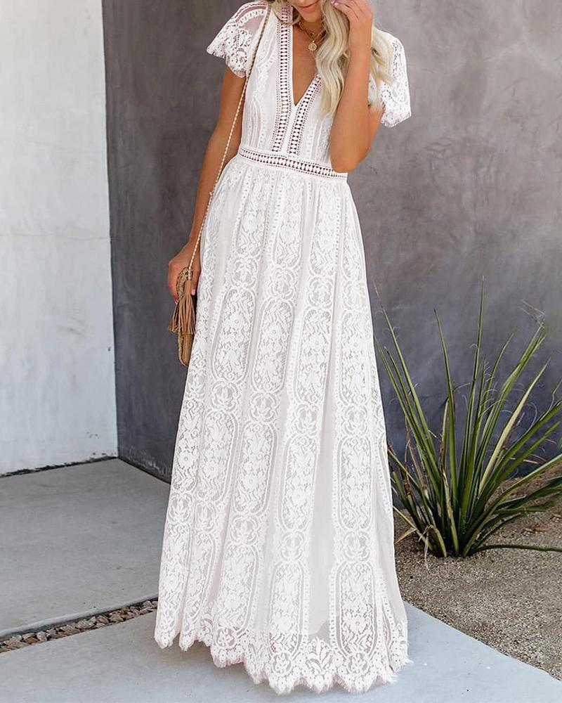 V Neck Eyelash Crochet Lace Maxi Dress