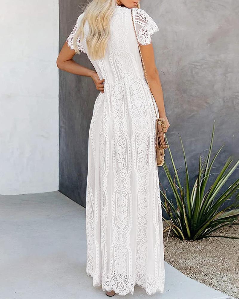 V Neck Eyelash Crochet Lace Maxi Dress