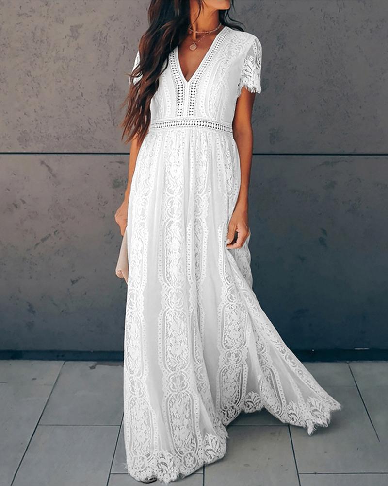 V Neck Eyelash Crochet Lace Maxi Dress