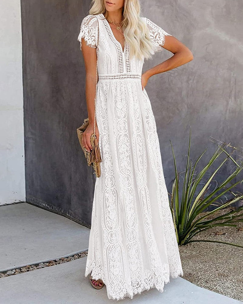 V Neck Eyelash Crochet Lace Maxi Dress