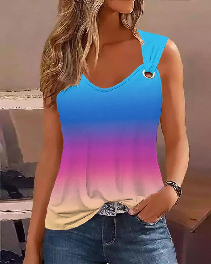 Ombre Eyelet V Neck Casual Tank Top