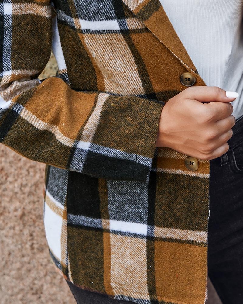 Plaid Print Buttoned Long Sleeve Blazer Coat