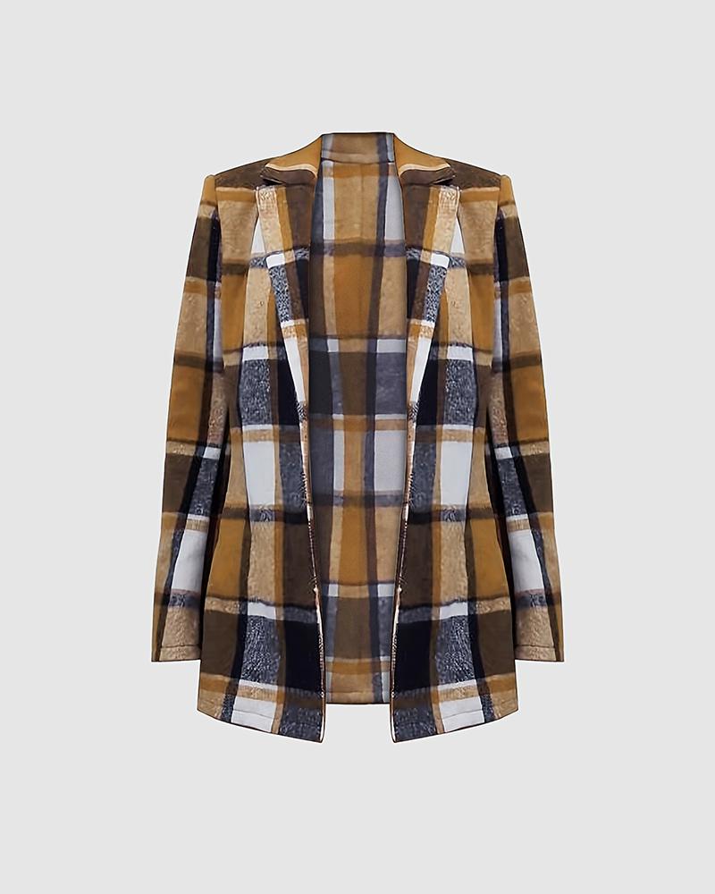 Plaid Print Buttoned Long Sleeve Blazer Coat