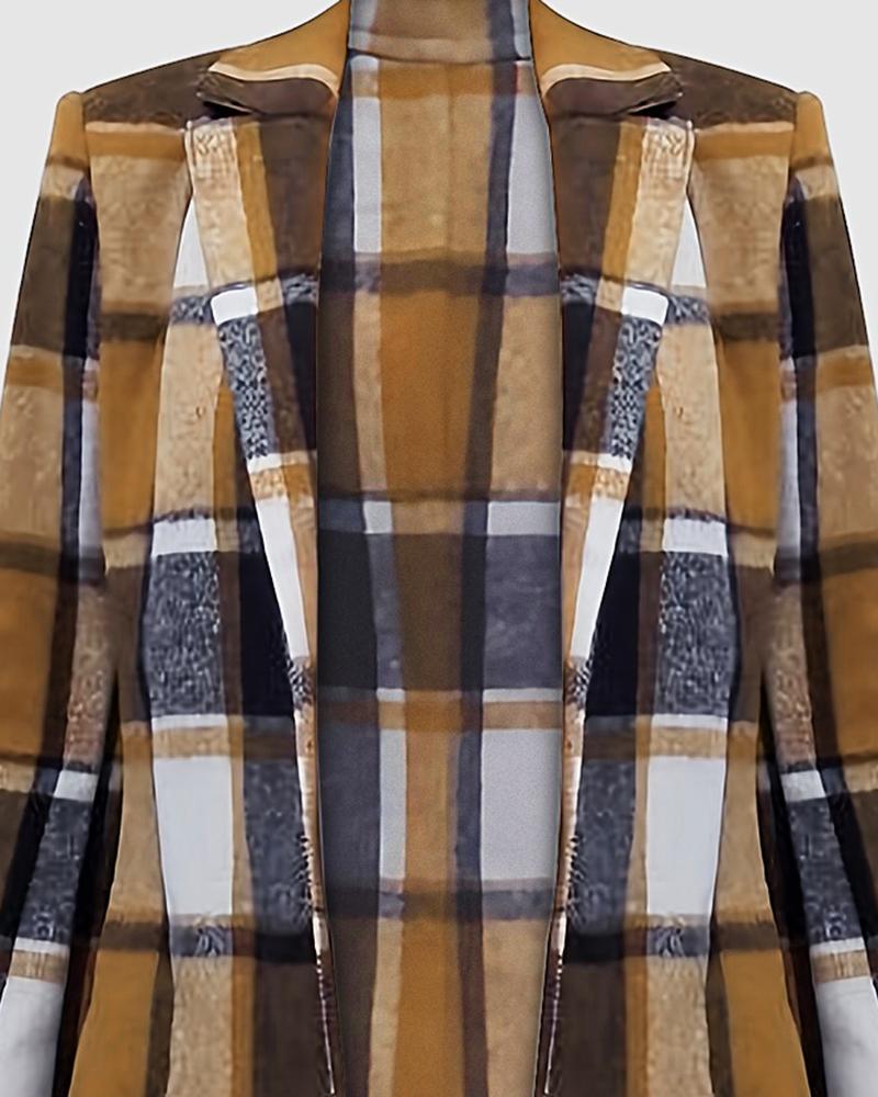 Plaid Print Buttoned Long Sleeve Blazer Coat