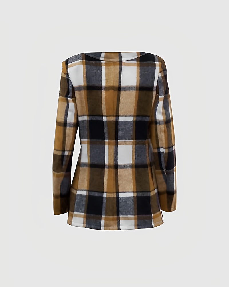 Plaid Print Buttoned Long Sleeve Blazer Coat