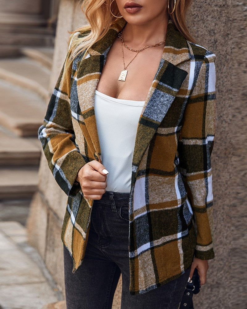 Plaid Print Buttoned Long Sleeve Blazer Coat