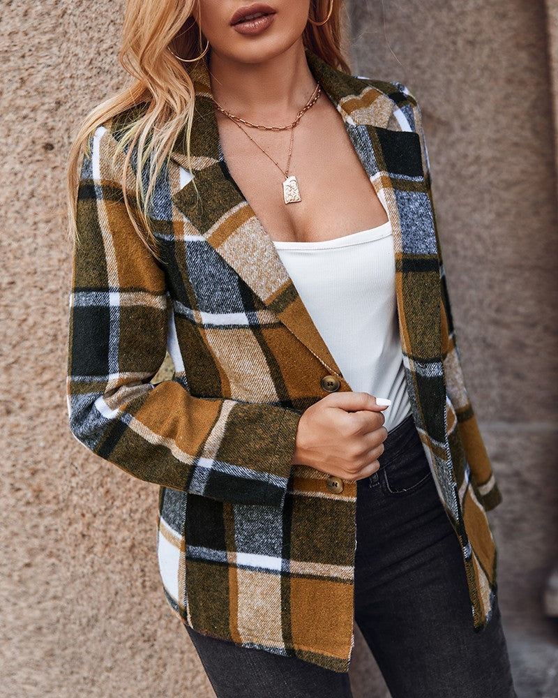 Plaid Print Buttoned Long Sleeve Blazer Coat