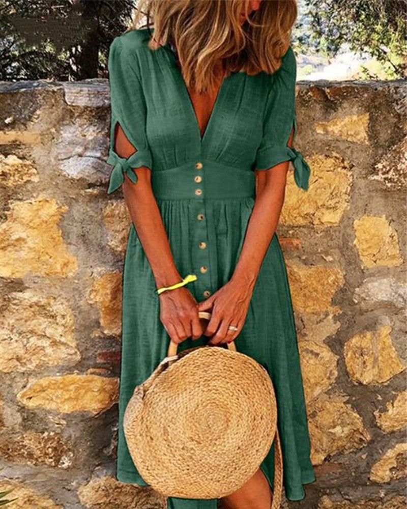 Cutout Gathered Waist Short Sleeve Buttoned Dress