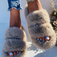 Fluffy Double Band Peep Toe Slippers