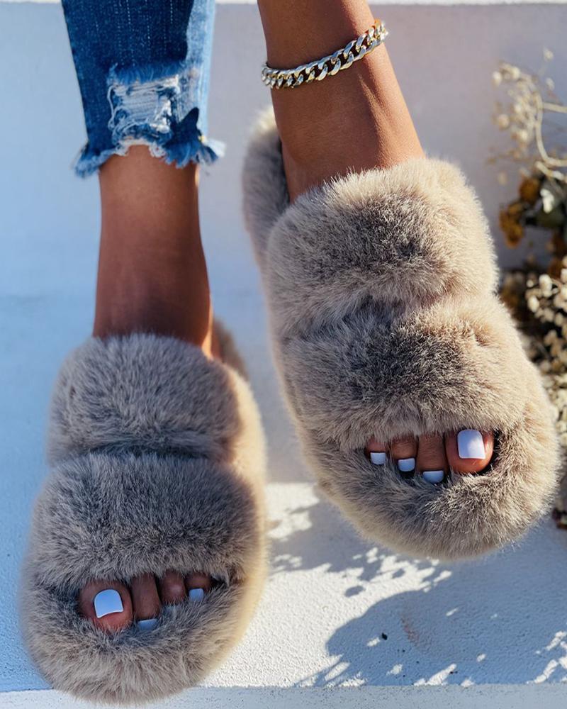 Fluffy Double Band Peep Toe Slippers