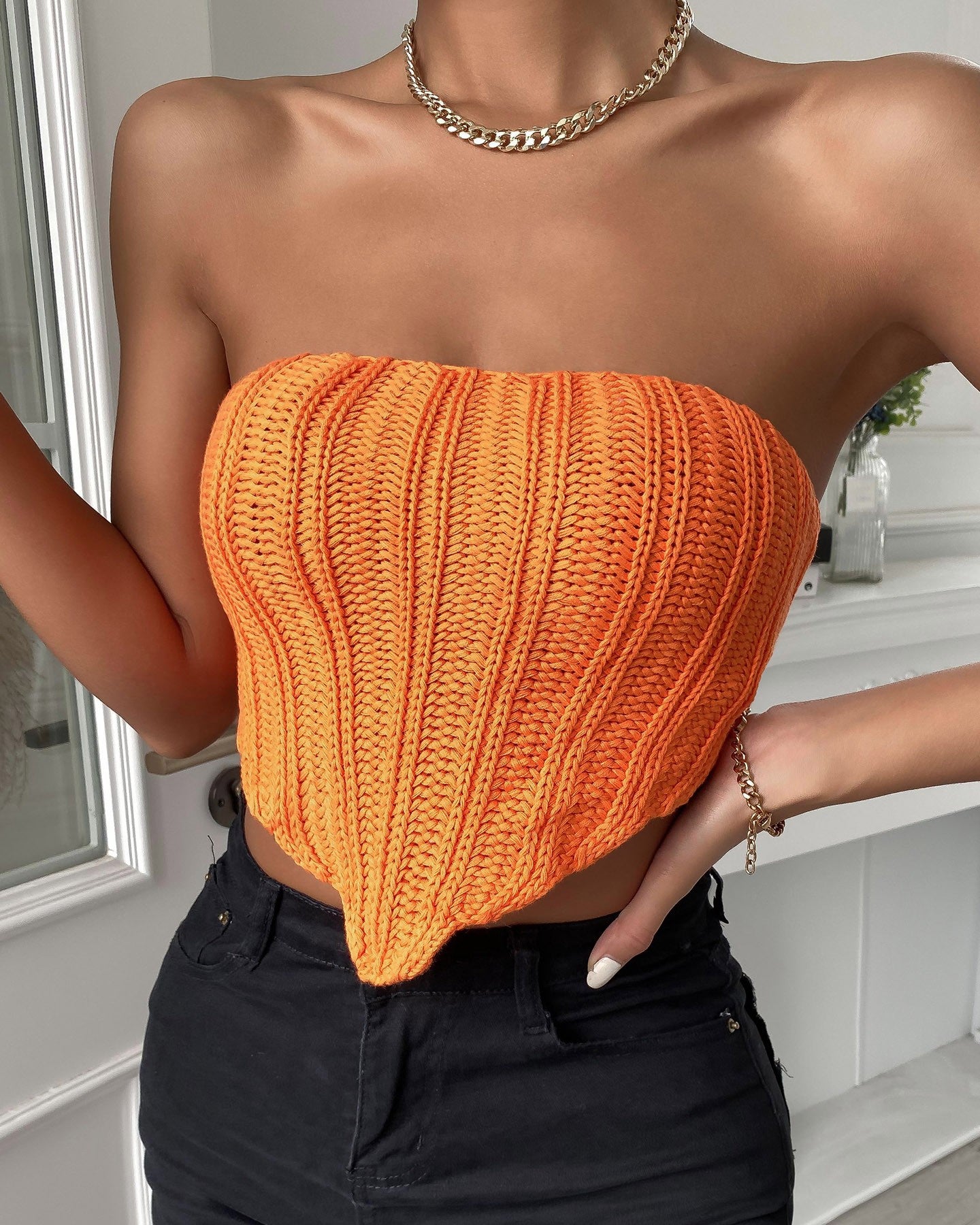 Off Shoulder Plain Knit Crop Top