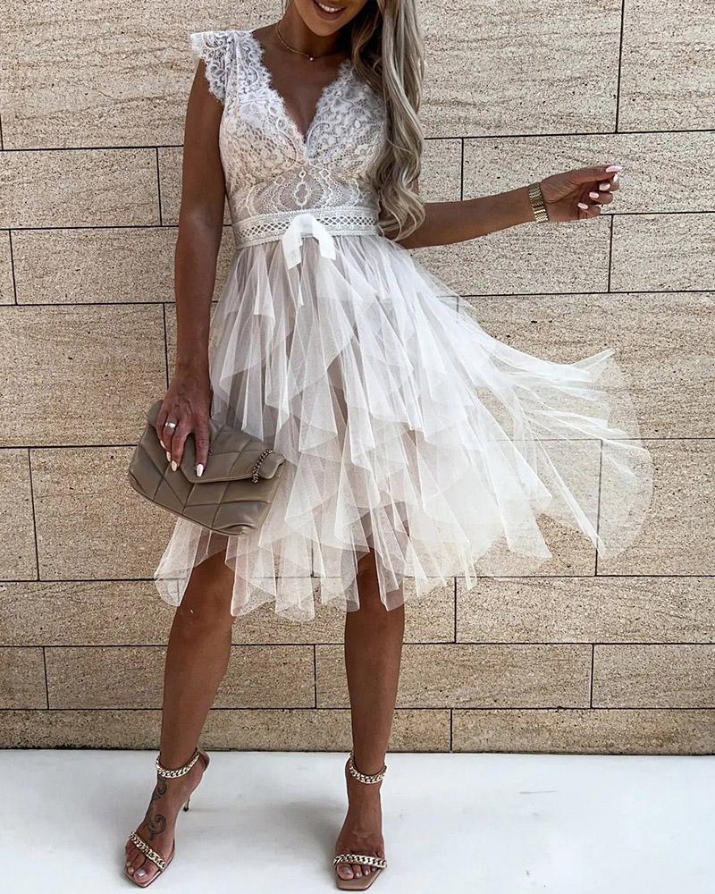 Lace Patch Sheer Mesh Sleeveless Party Dress