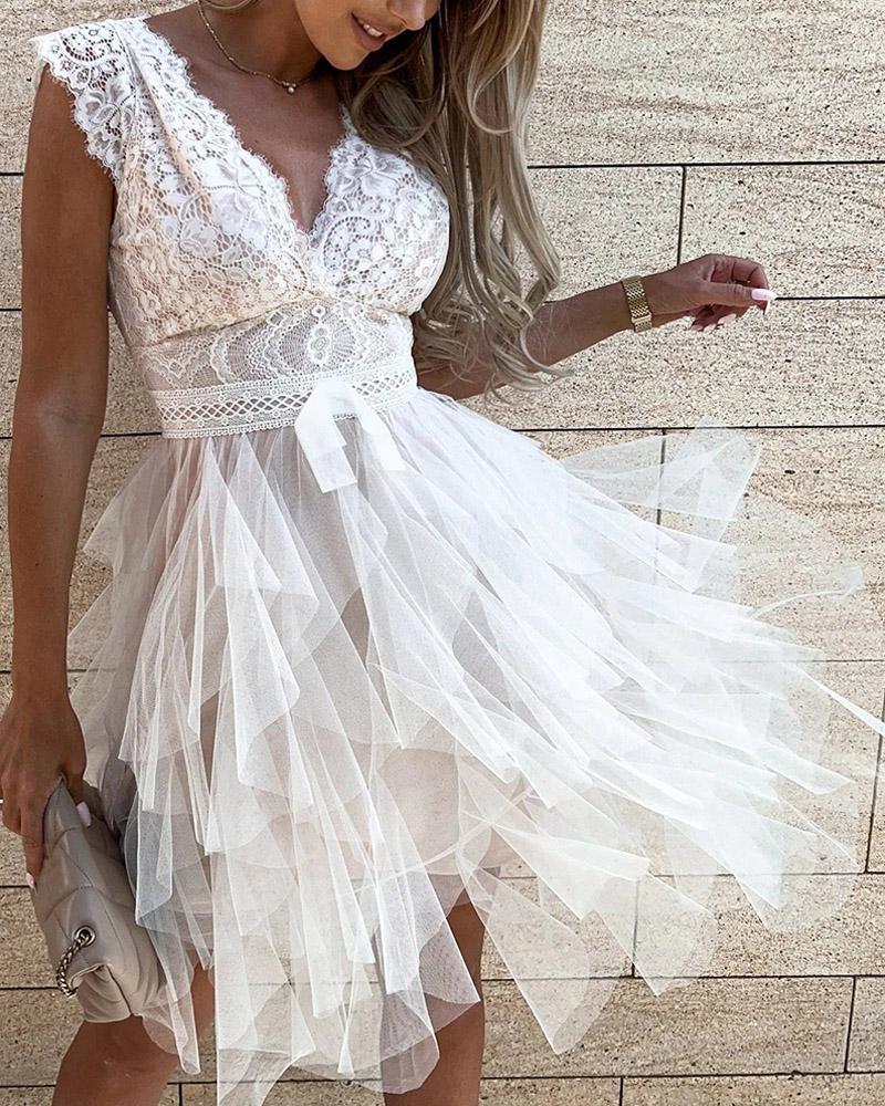 Lace Patch Sheer Mesh Sleeveless Party Dress