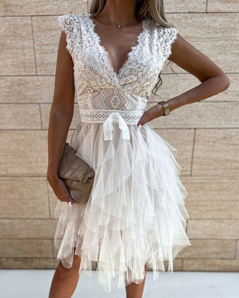 Lace Patch Sheer Mesh Sleeveless Party Dress