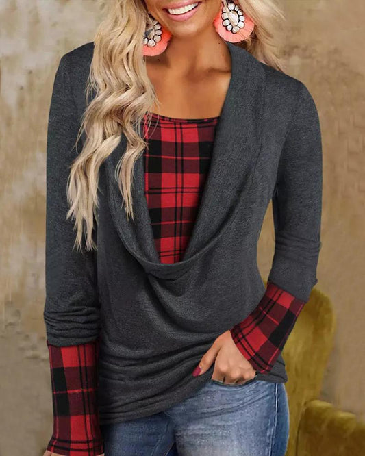 Contrast Plaid Fake Two Piece Long Sleeve Top