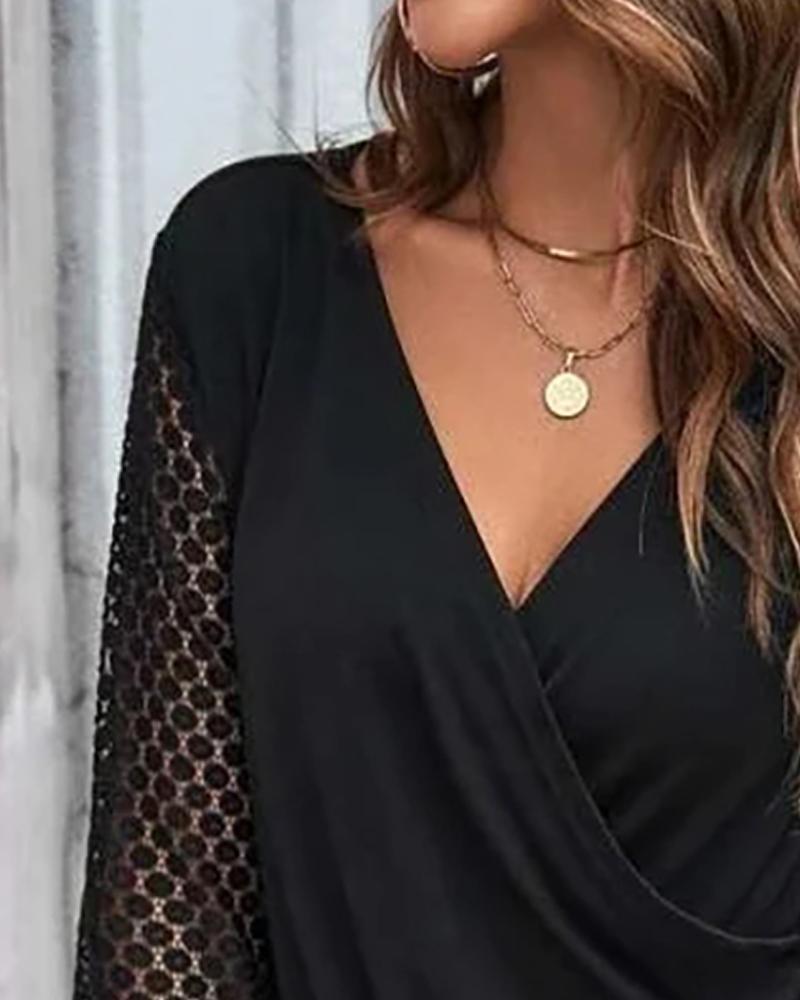 Deep V Neck Contrast Lace Overlap Top