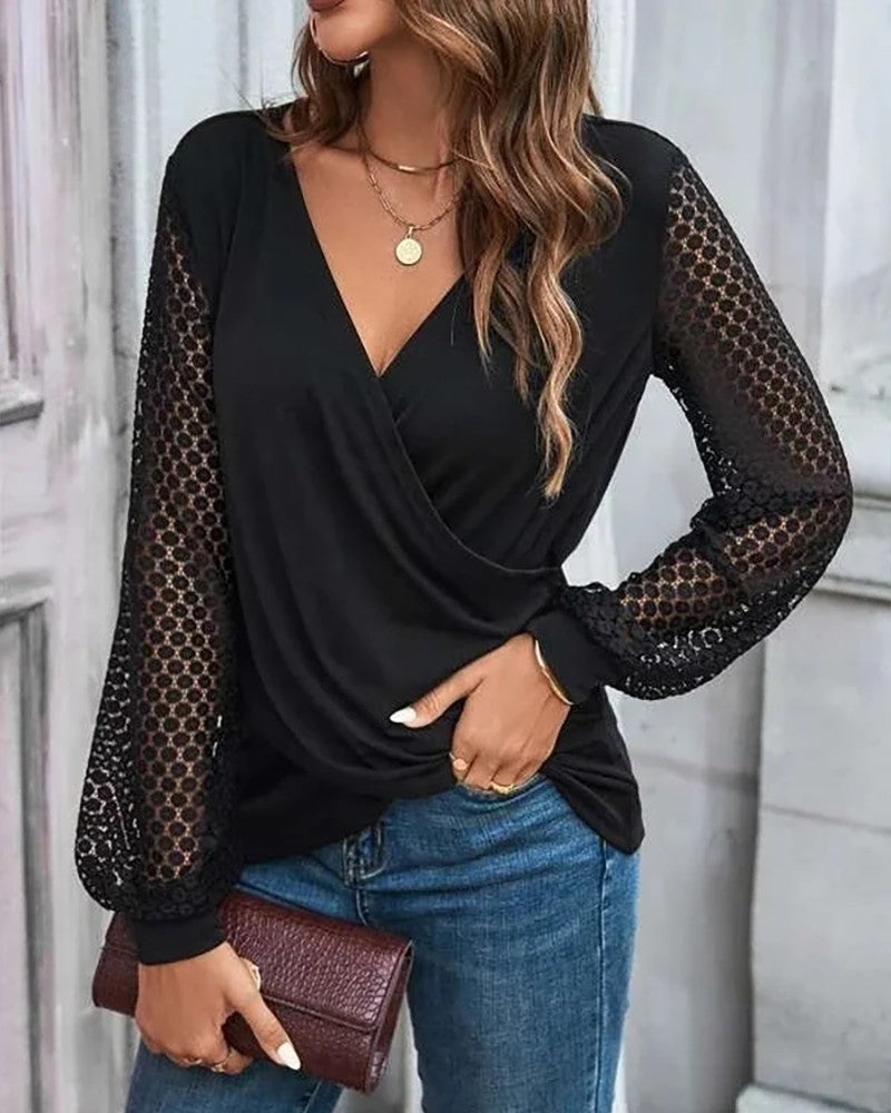 Deep V Neck Contrast Lace Overlap Top