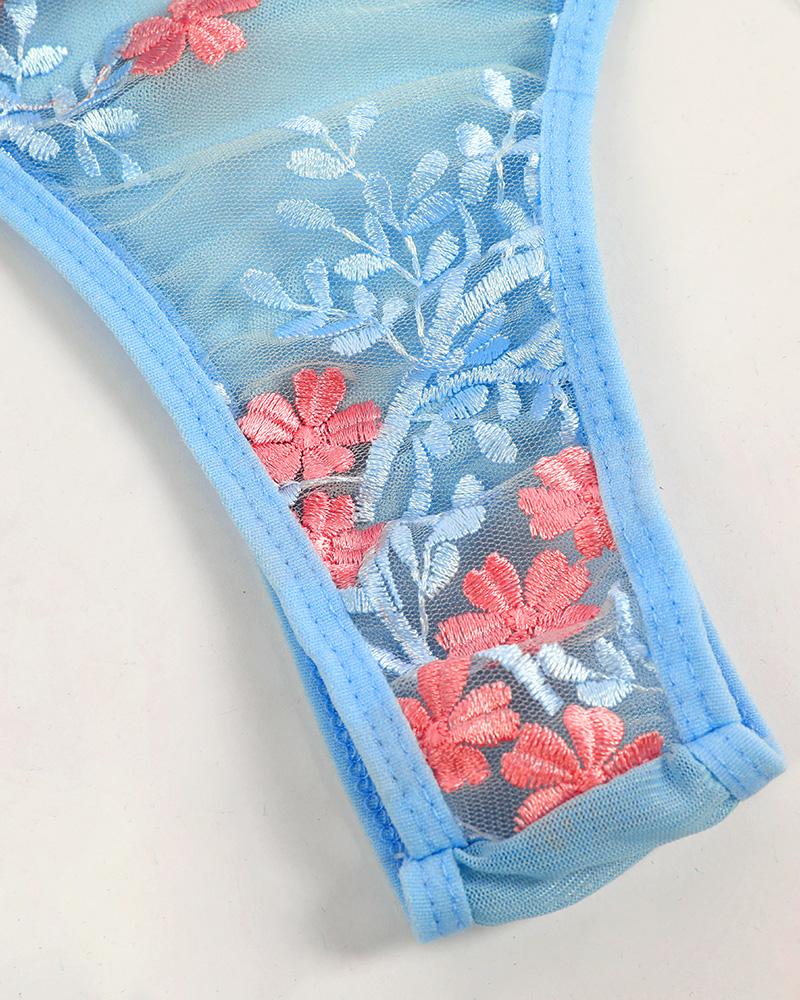 Floral Embroidery Sheer Mesh Lace up Skinny Teddy