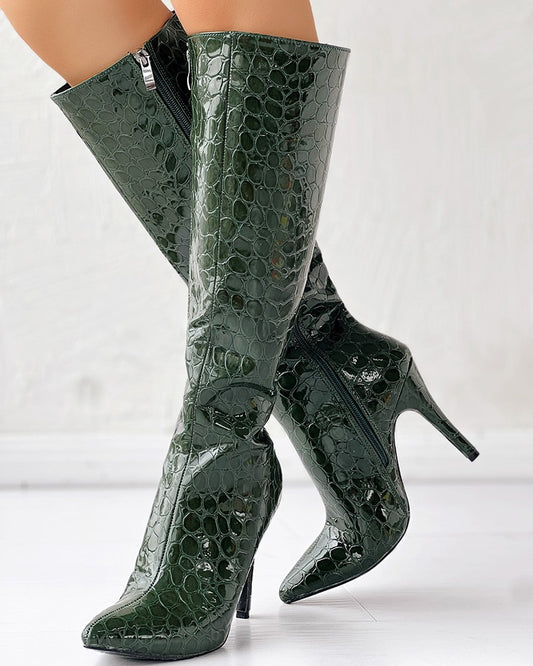Crocodile Point Toe Stiletto Heel Calf Boots