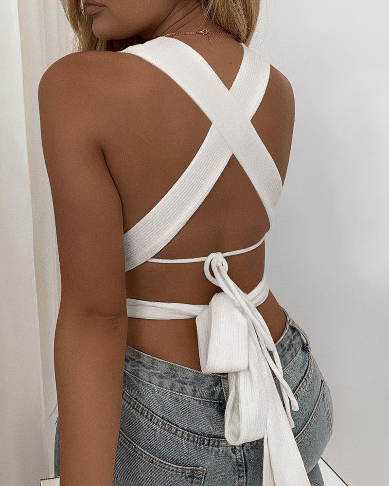 Crisscross Backless Ribbed Crop Top