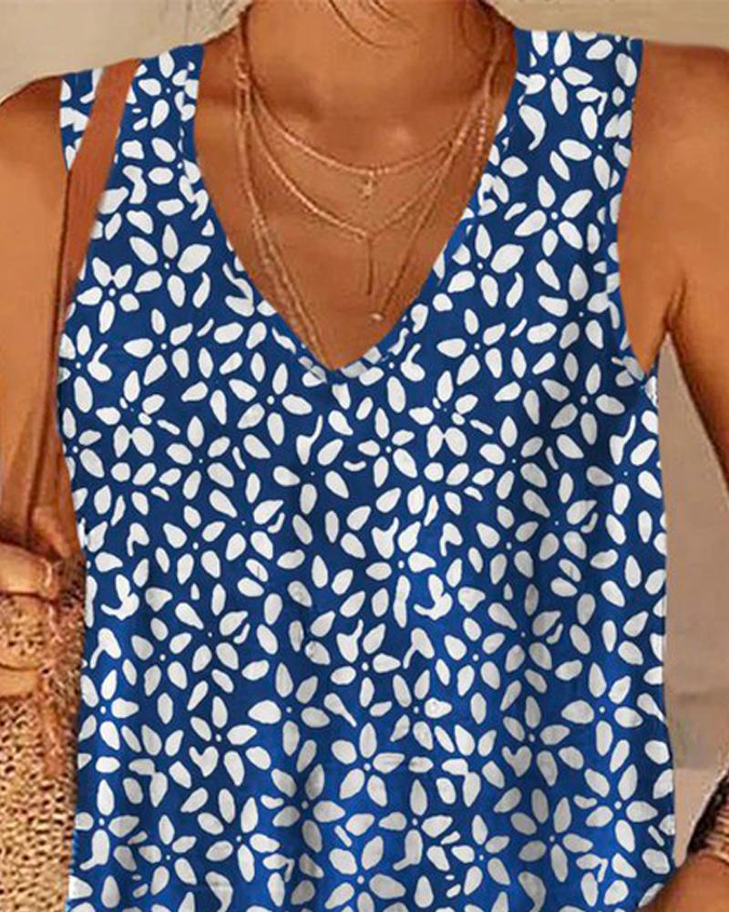 Floral Print V Neck Casual Tank Top