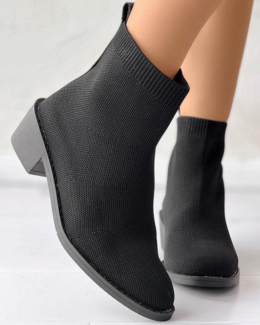 Chunky Heel Knit Ankle Boots