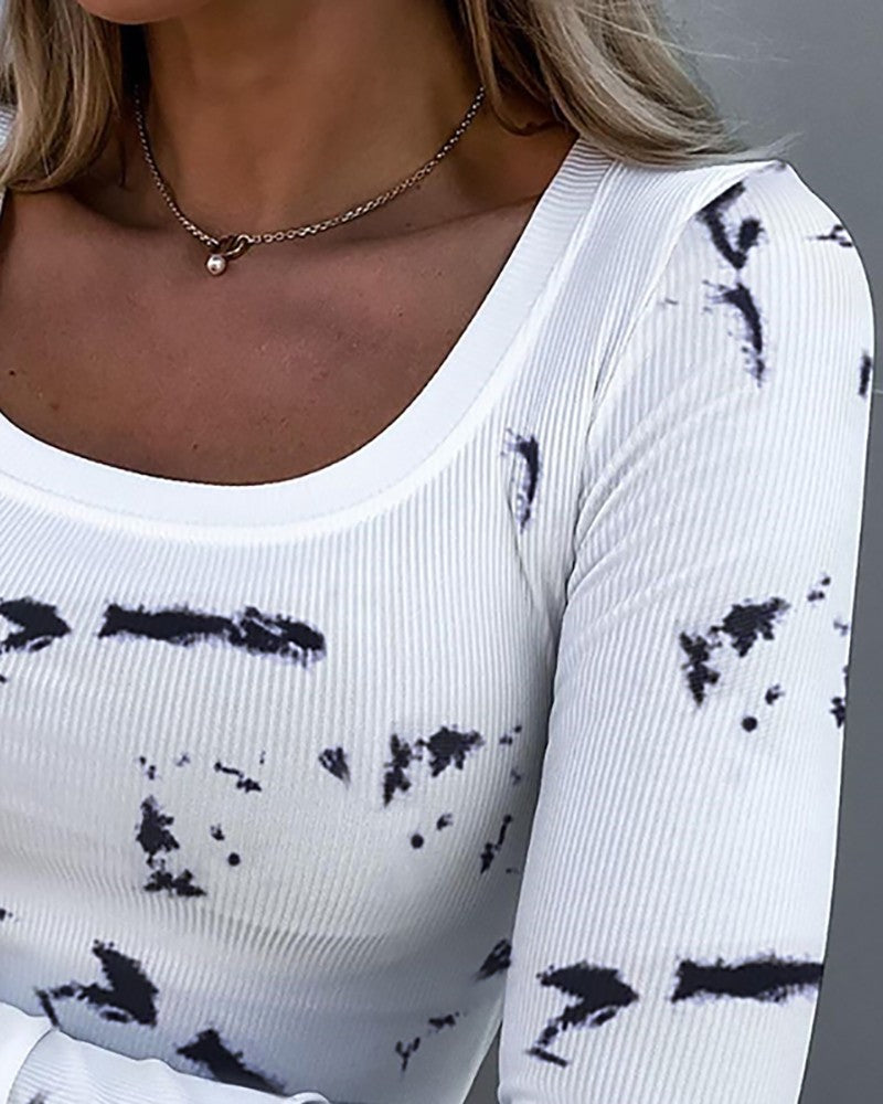 U Neck Tie Dye Print Ribbed Top