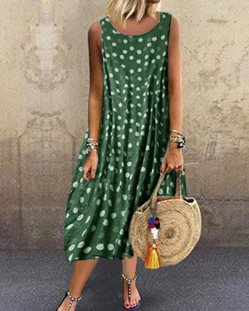 Boho Style Polka Dot Sleeveless Loose Maxi Dress