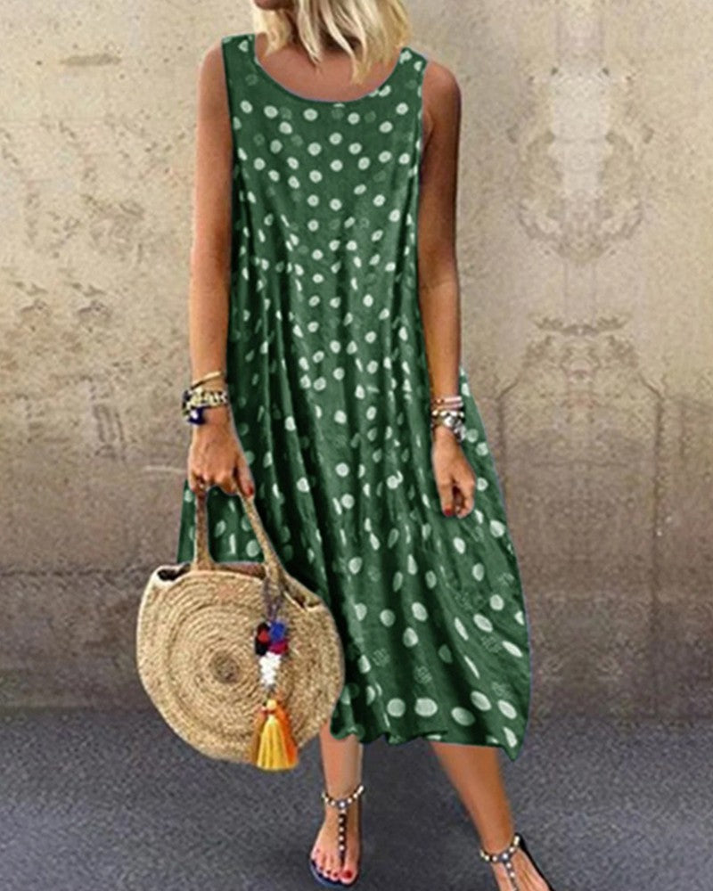 Boho Style Polka Dot Sleeveless Loose Maxi Dress