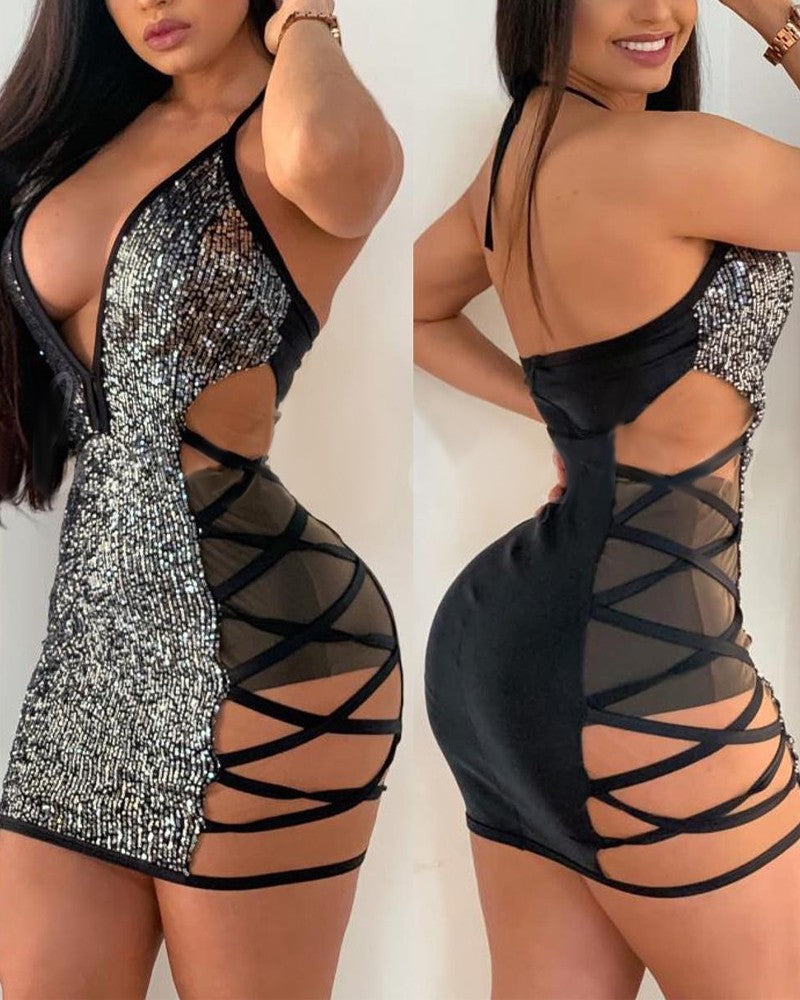 Contrast Sequin Halter Backless Crisscross Mini Dress