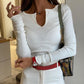 Long Sleeve Notch Neck Ribbed Top