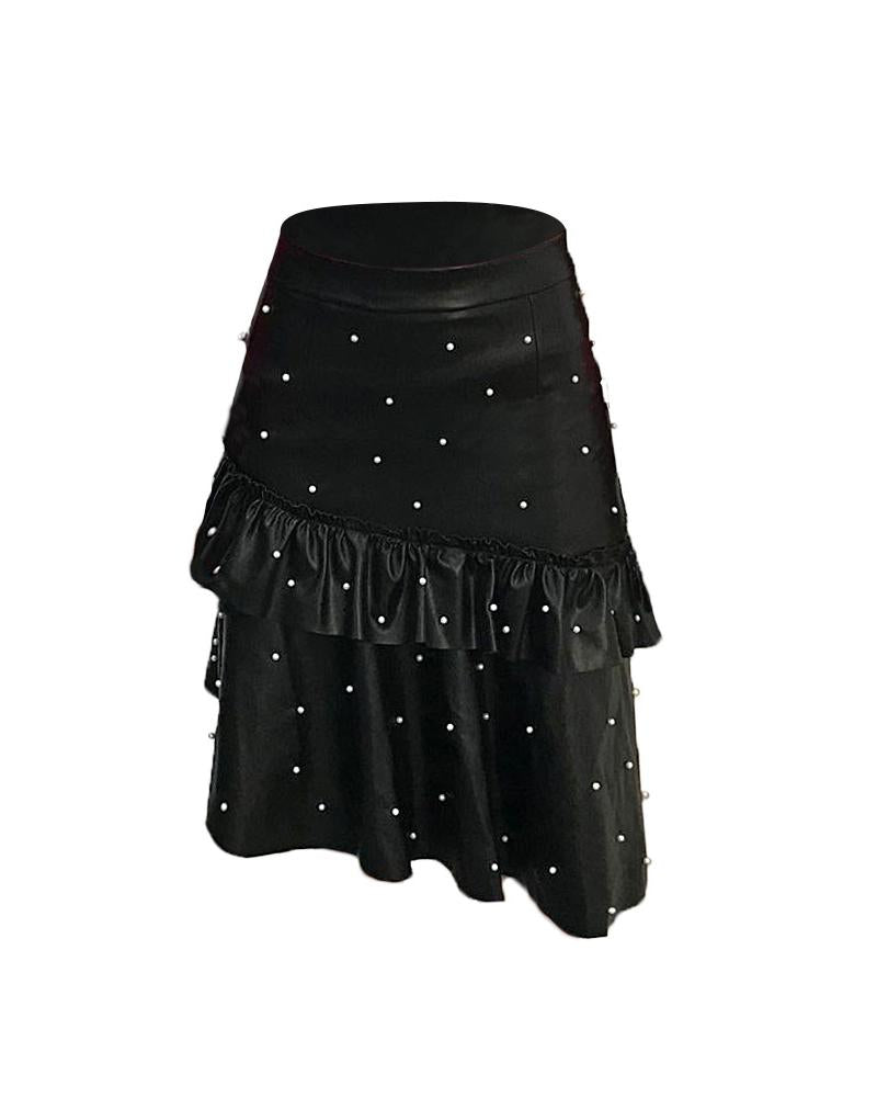 Beaded Decor Ruffle Hem Asymmetrical PU Leather Skirt