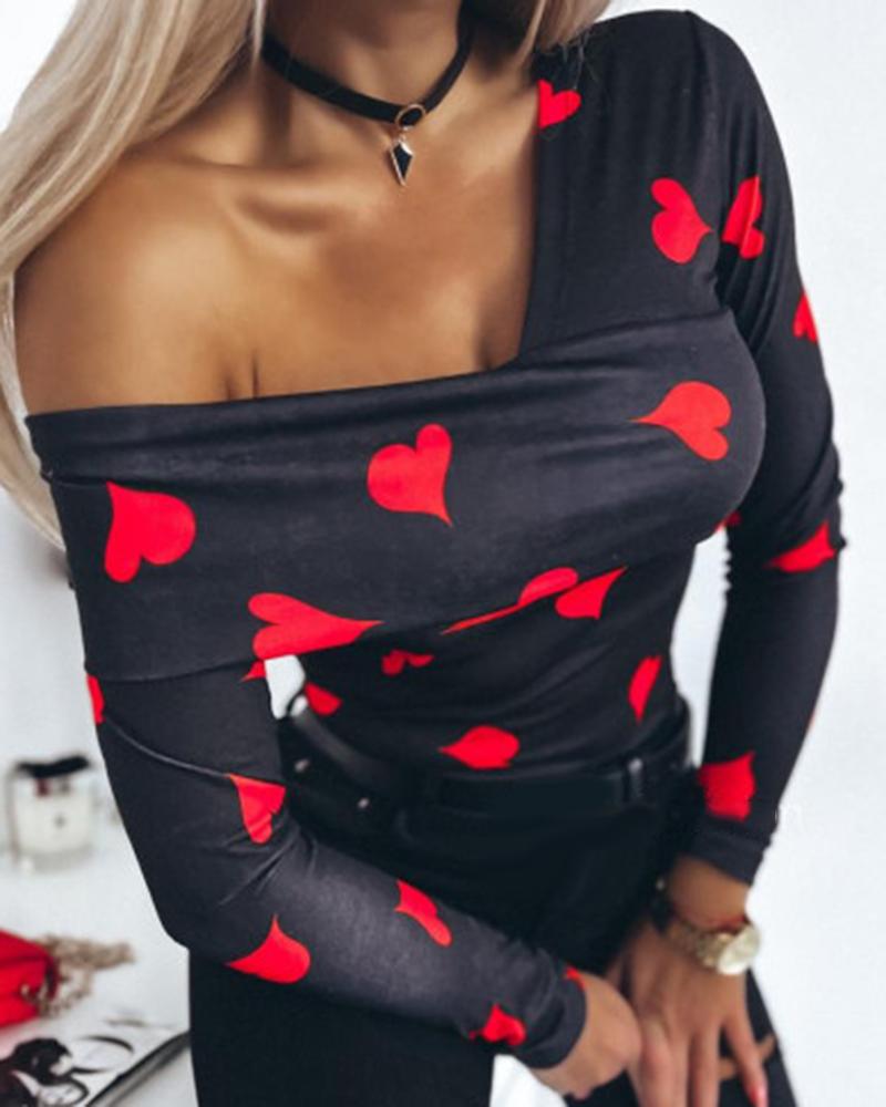 Cold Shoulder Heart Print Asymmetrical Top