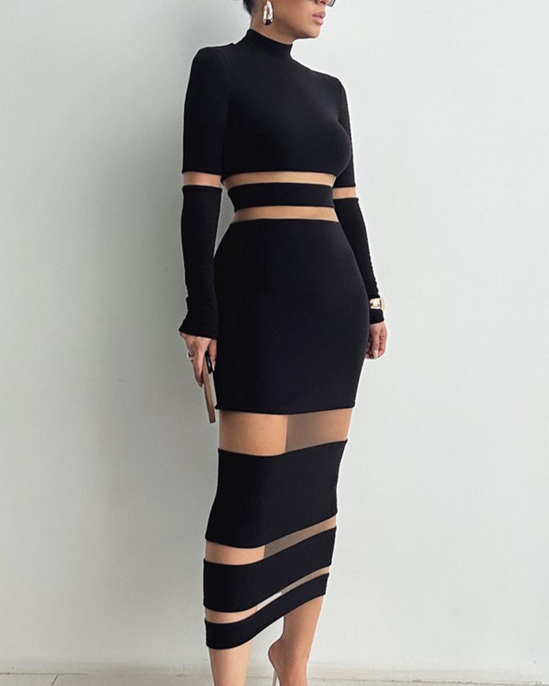 Sheer Mesh Patchwork Mock Neck Midi Dress