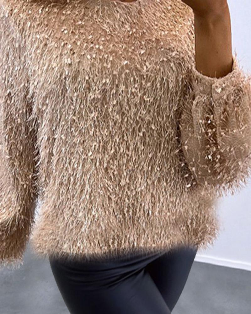 Fluffy Long Sleeve Round Neck Top