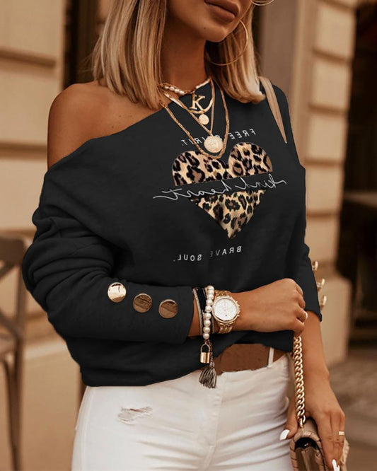 Letter Leopard Heart Print Long Sleeve Top